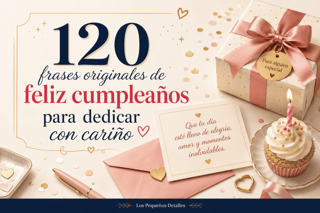 Imagen destacada de "120 frases originales de feliz cumpleaños para dedicar con cariño", con un regalo rosa, una tarjeta de felicitación y un cupcake con vela encendida.