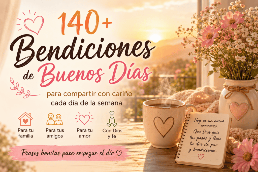 Imagen de 140+ bendiciones de buenos días con amanecer cálido, flores, taza de café, libreta y frases bonitas para compartir con familia, amigos, amor y con Dios.