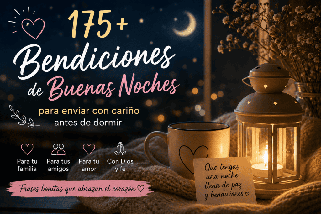 Imagen acogedora de noche junto a una ventana con luna creciente, una taza, una linterna encendida, flores secas y el texto “175+ Bendiciones de Buenas Noches”.
