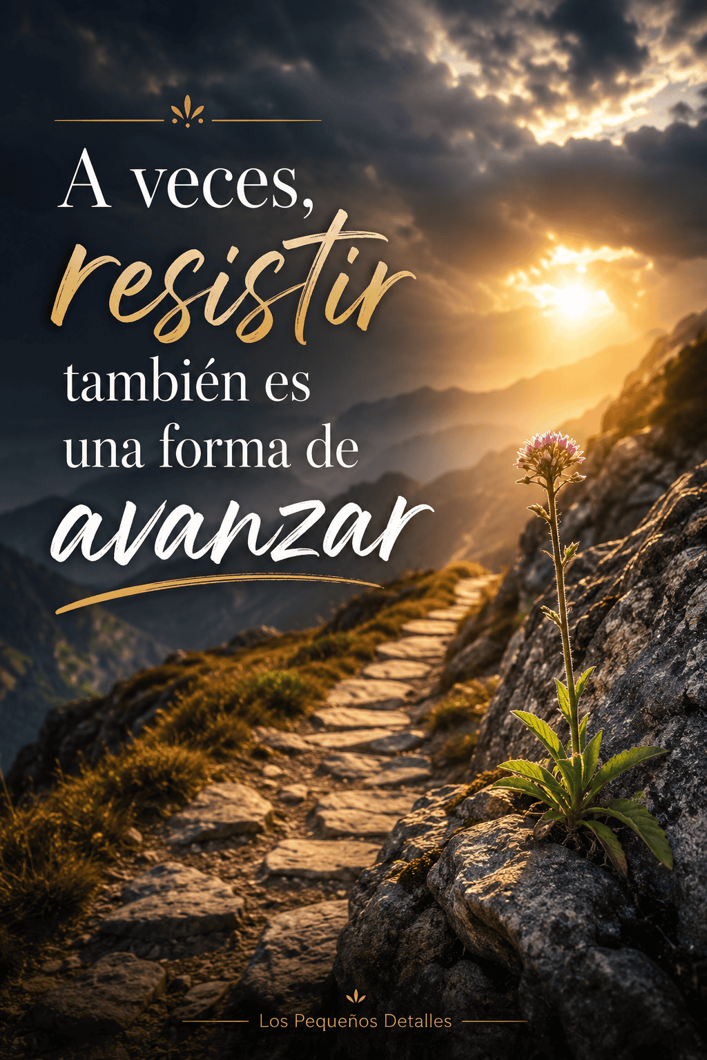 Sendero de montaña entre rocas al atardecer, con una flor creciendo junto al camino y la frase “A veces, resistir también es una forma de avanza