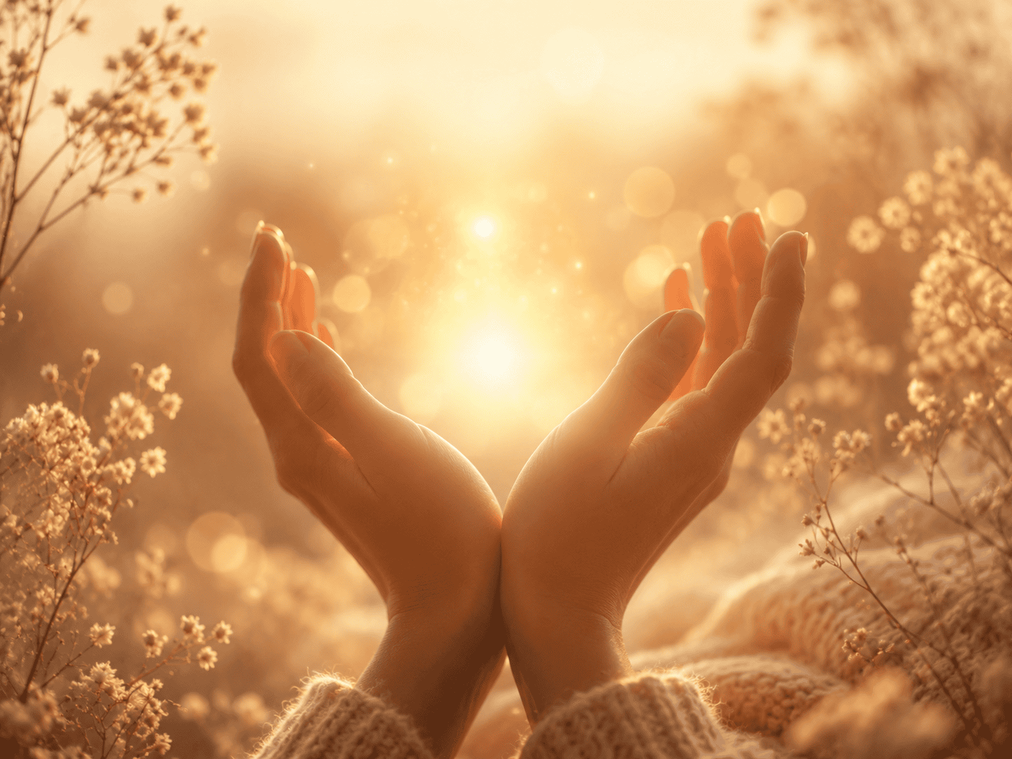 Manos abiertas rodeadas de flores y luz dorada, símbolo de bendiciones, fe y esperanza.