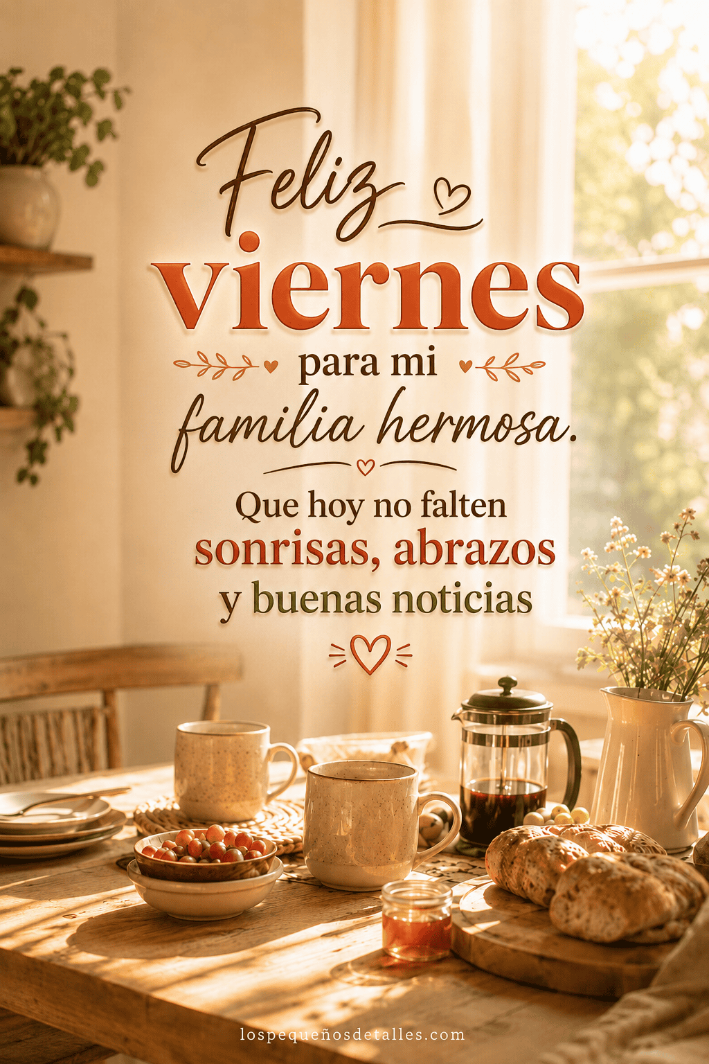 Imagen cálida de feliz viernes para la familia con mesa de desayuno, pan, café, flores y luz de la mañana, acompañada de un mensaje de sonrisas, abrazos y buenas noticias.