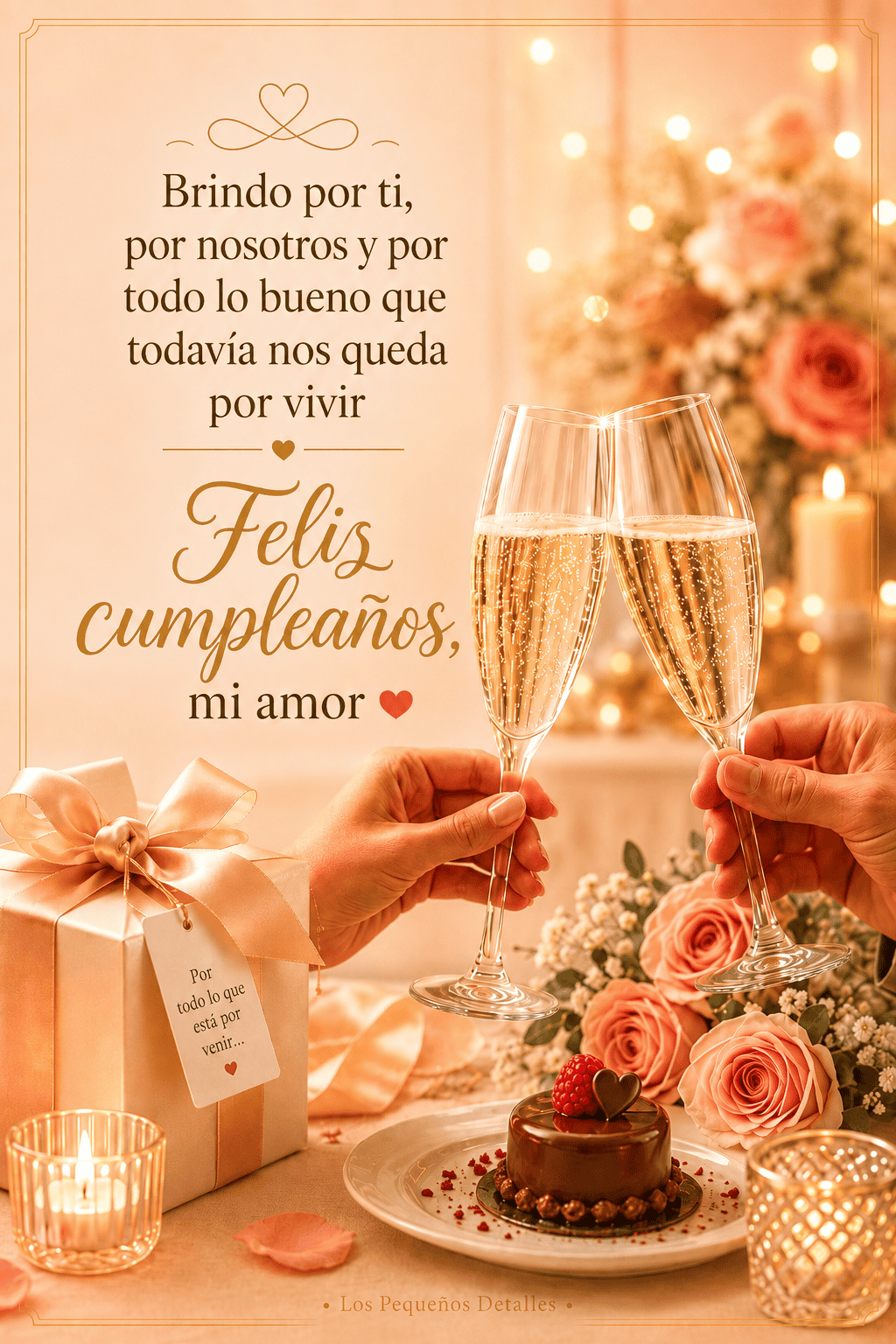 Brindis romántico con dos copas, rosas, velas, un regalo y un pequeño pastel, acompañado del mensaje: “Brindo por ti, por nosotros y por todo lo bueno que todavía nos queda por vivir. Feliz cumpleaños, mi amo