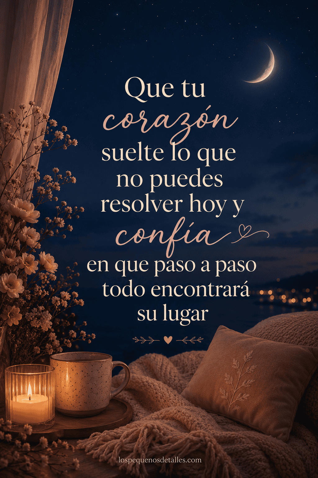 Imagen nocturna acogedora con luna creciente, flores, vela encendida, taza y manta, junto al texto “Que tu corazón suelte lo que no puedes resolver hoy y confía en que paso a paso todo encontrará su lugar”.