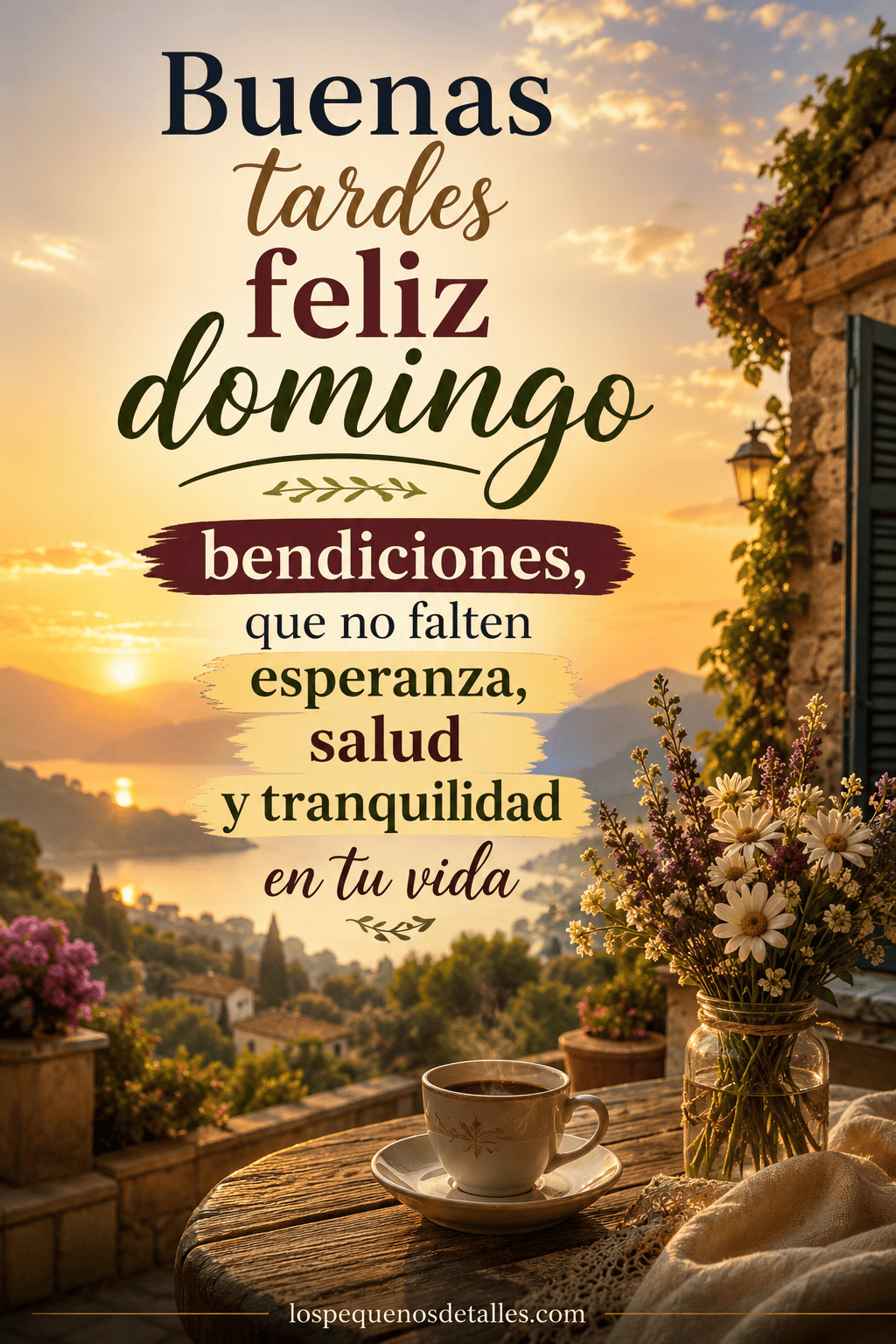 Comparte buenas tardes feliz domingo bendiciones con una frase llena de esperanza, salud y tranquilidad para cerrar el día con paz.