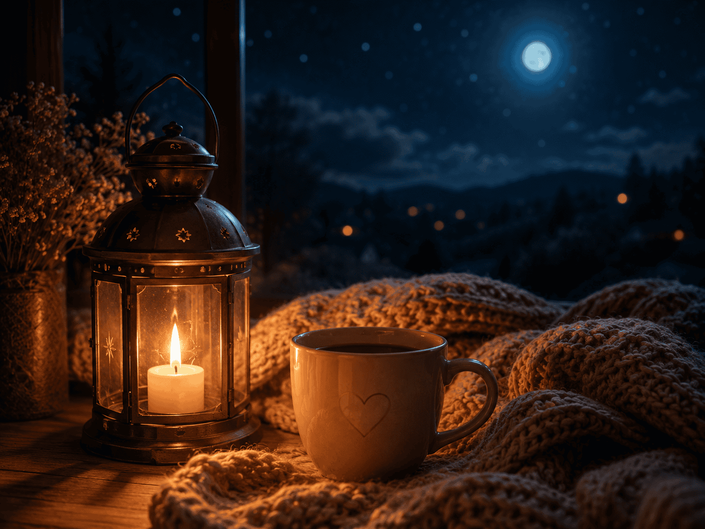 Linterna con vela encendida, taza y manta junto a una ventana con luna llena, ideal para la categoría de buenas noches.