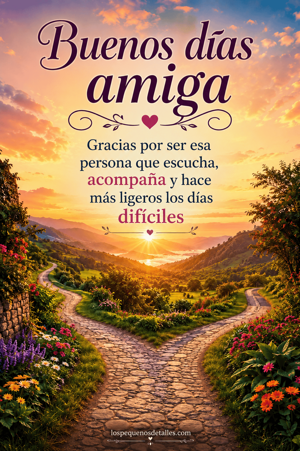 Imagen de dos caminos de piedra que se unen entre flores al amanecer, con el mensaje: “Buenos días, amiga. Gracias por ser esa persona que escucha, acompaña y hace más ligeros los días difíciles”.
