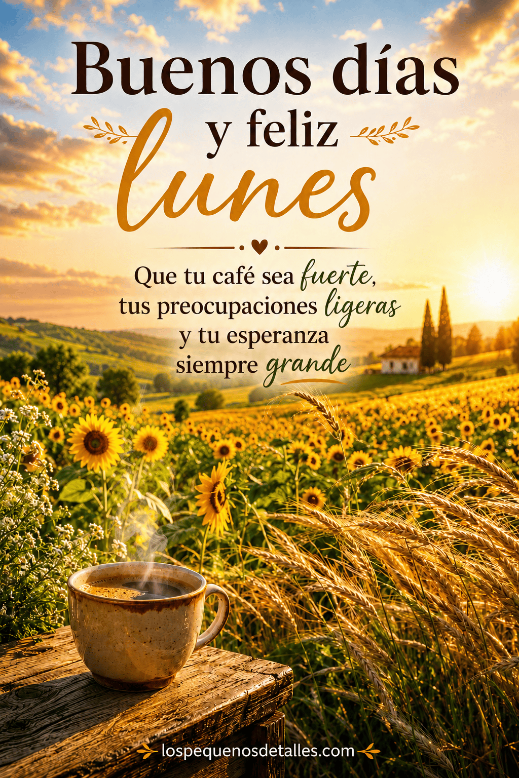 Imagen de un campo de girasoles y trigo iluminado por el amanecer, con una taza de café humeante y el mensaje: “Buenos días y feliz lunes. Que tu café sea fuerte, tus preocupaciones ligeras y tu esperanza siempre grande”.
