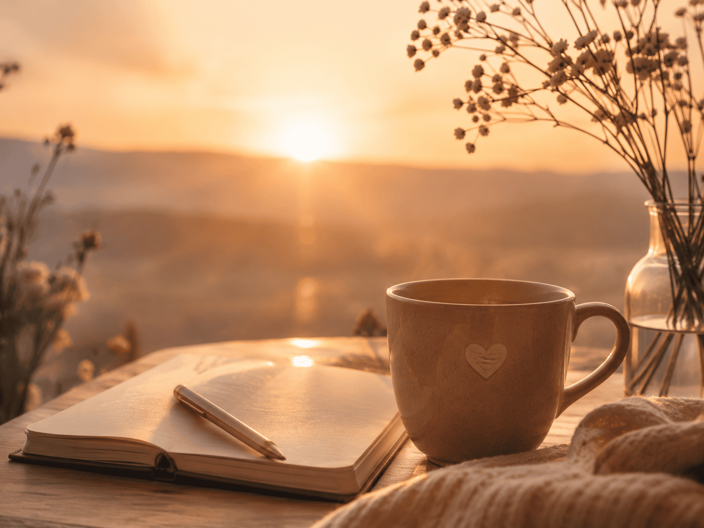 Taza de café, libreta y flores al amanecer con luz cálida, ideal para la categoría de buenos días.