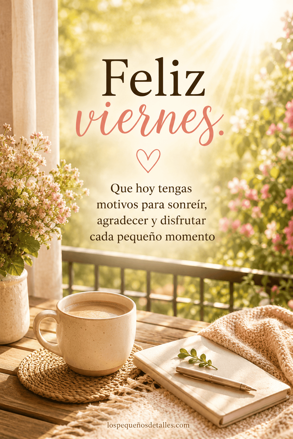 Imagen cálida de feliz viernes con taza de café, agenda, flores suaves y rayos de sol, acompañada de una frase positiva para sonreír, agradecer y disfrutar el día.