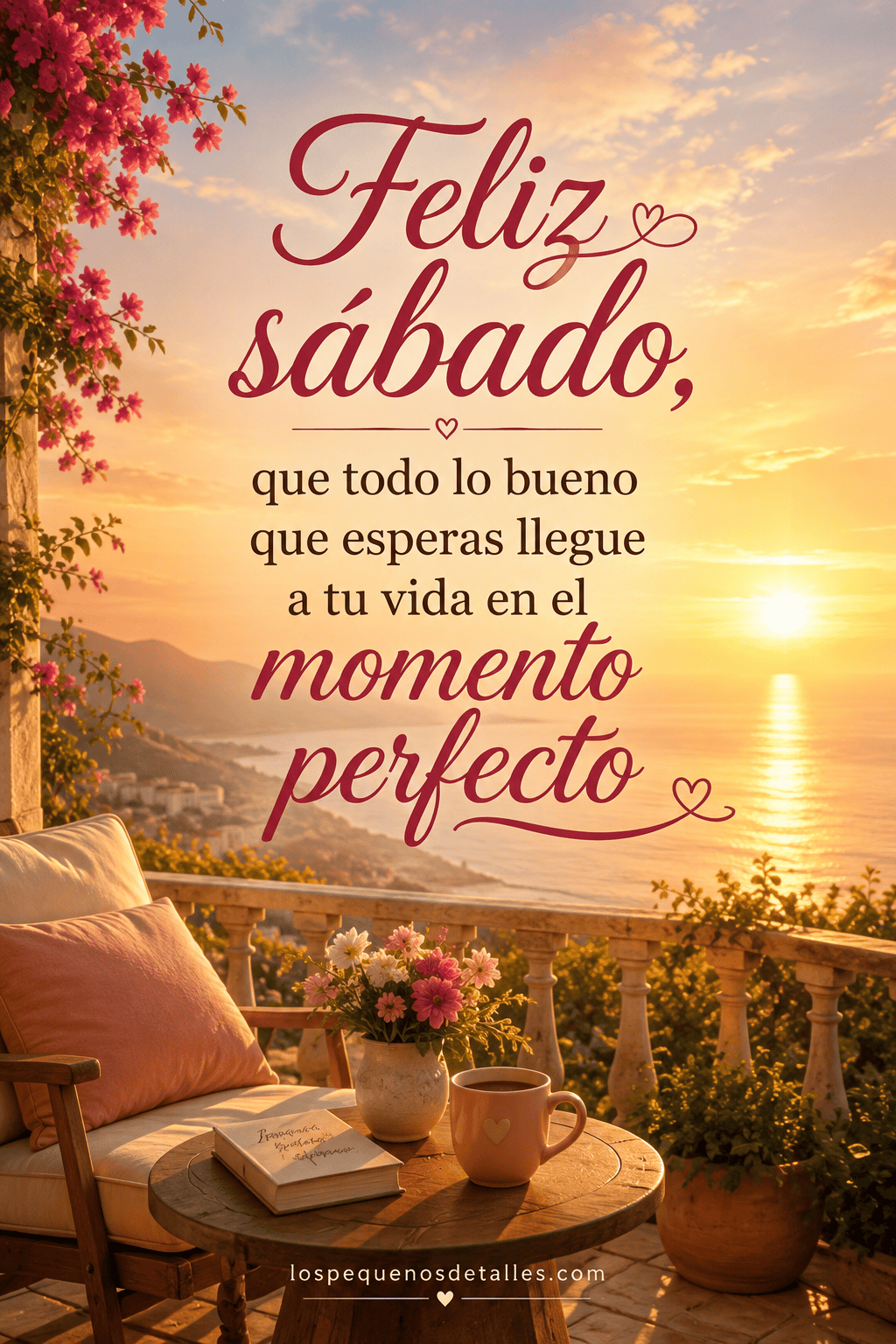Imagen de feliz sábado con amanecer frente al mar, terraza con flores, taza de café y el mensaje “que todo lo bueno que esperas llegue a tu vida en el momento perfecto”.