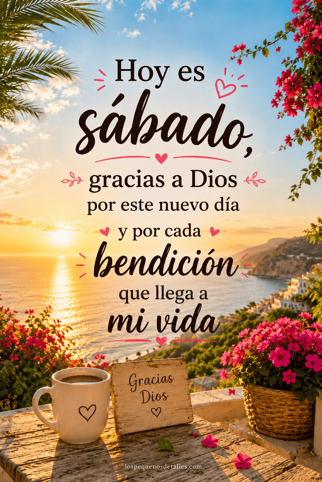 Imagen de hoy es sábado con bendiciones, amanecer frente al mar, flores rosas, taza de café y mensaje de gratitud a Dios por un nuevo día.