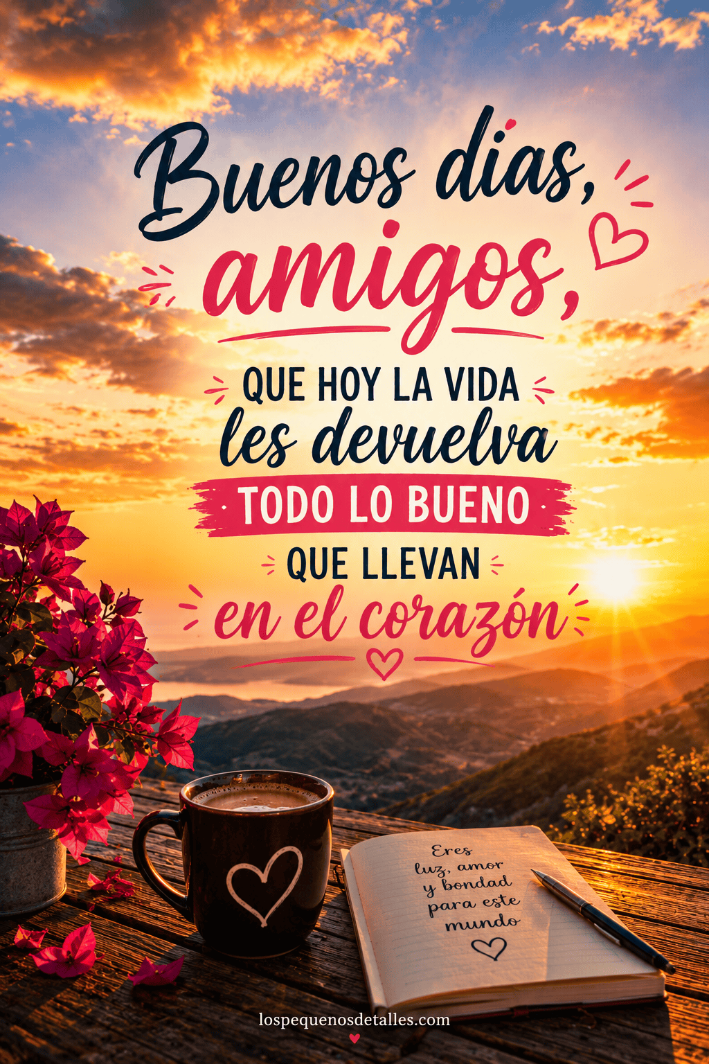 Imagen de buenos días amigos con amanecer en las montañas, flores rosas, taza de café, cuaderno abierto y mensaje de cariño para devolver todo lo bueno.