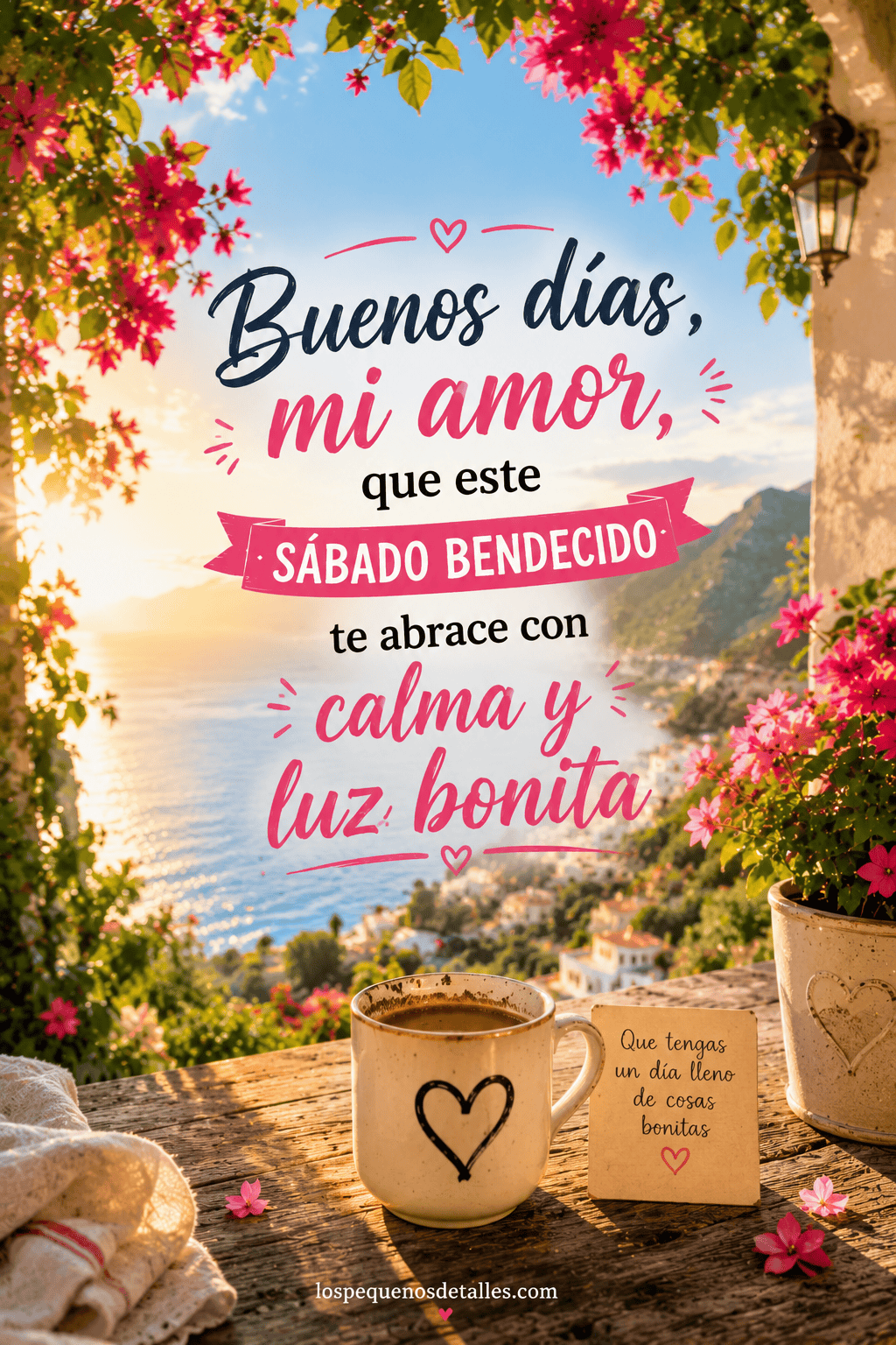 Imagen de buenos días mi amor con vista al mar, flores rosas, taza de café y mensaje de sábado bendecido con calma y luz bonita.