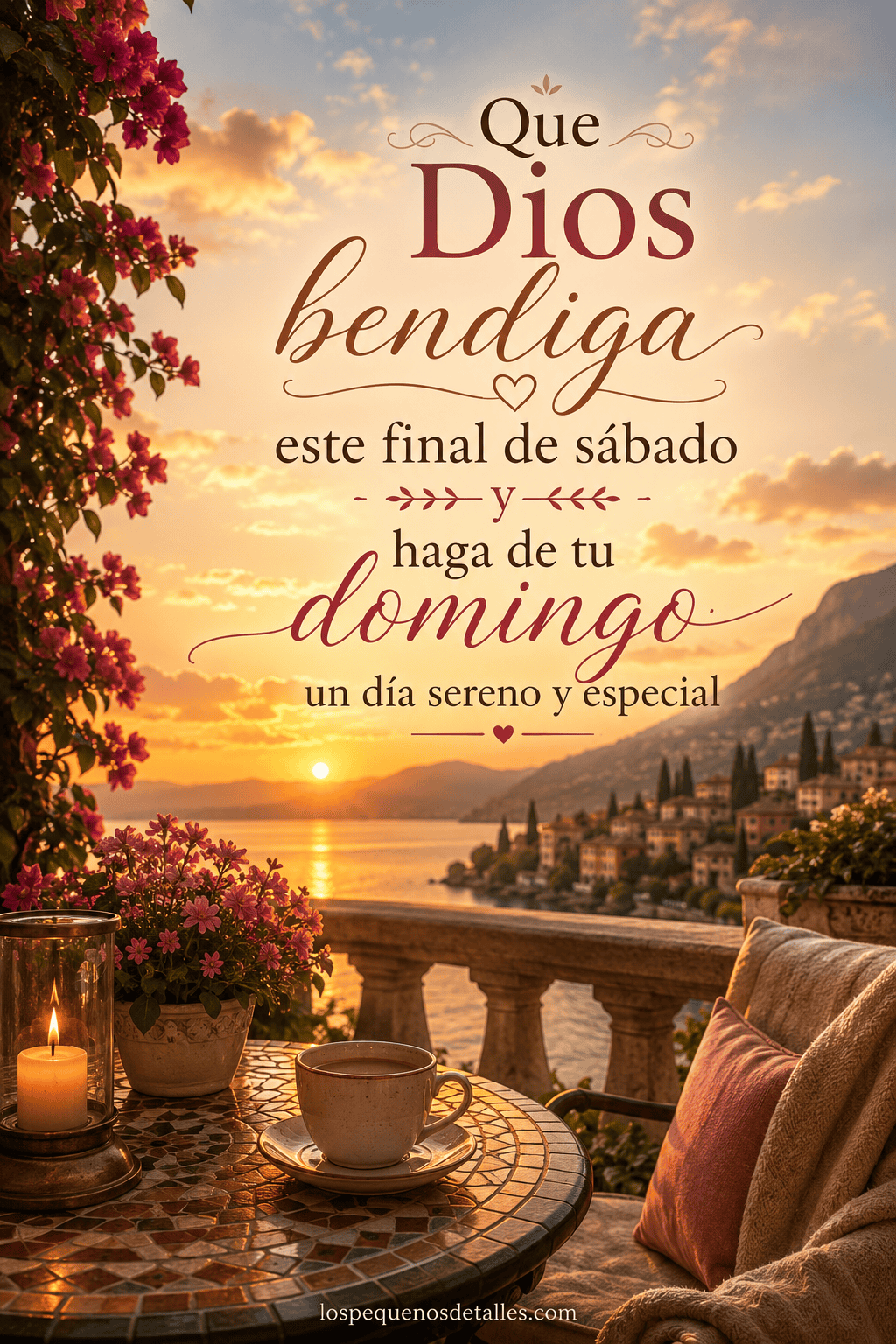 Imagen de bendición para el final de sábado, con atardecer frente al mar, terraza con vela, flores, taza de café y mensaje para pedir a Dios un domingo sereno y especial.