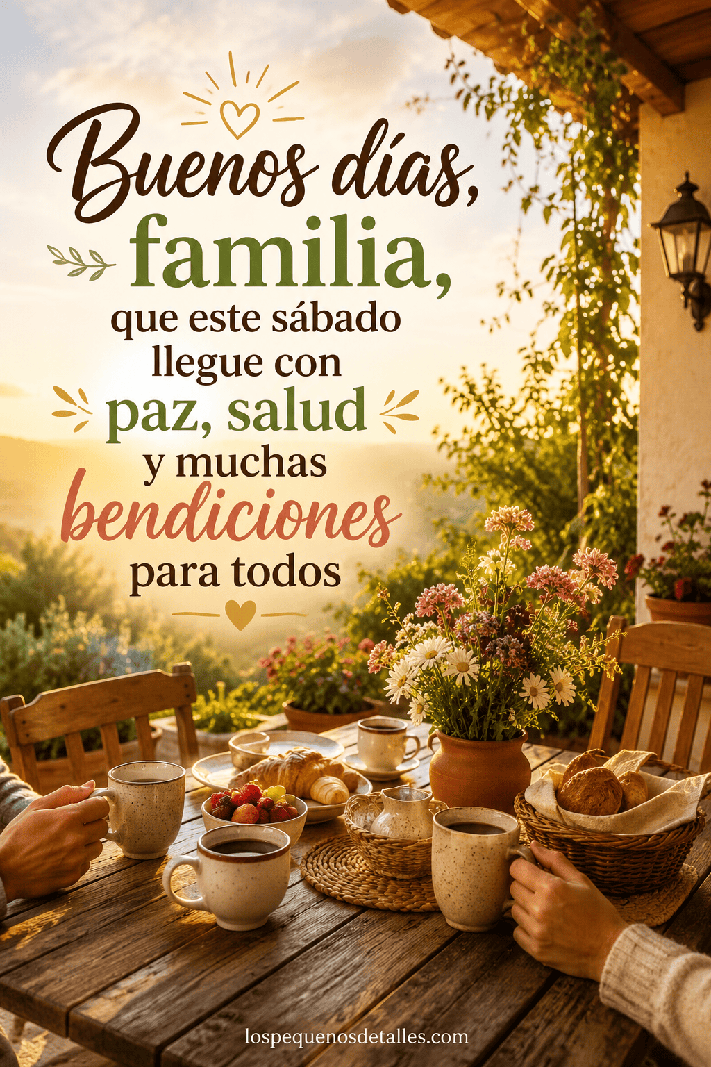 Imagen de buenos días sábado bendiciones para la familia, con desayuno en una terraza, tazas de café, flores, pan y mensaje de paz, salud y bendiciones.
