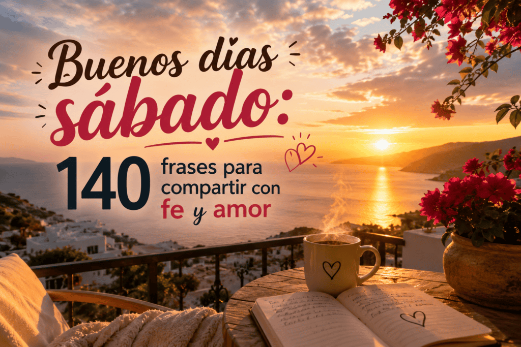 Imagen de buenos días sábado bendiciones con vista al mar al amanecer, taza de café, cuaderno abierto y texto “140 frases para compartir con fe y amor”.