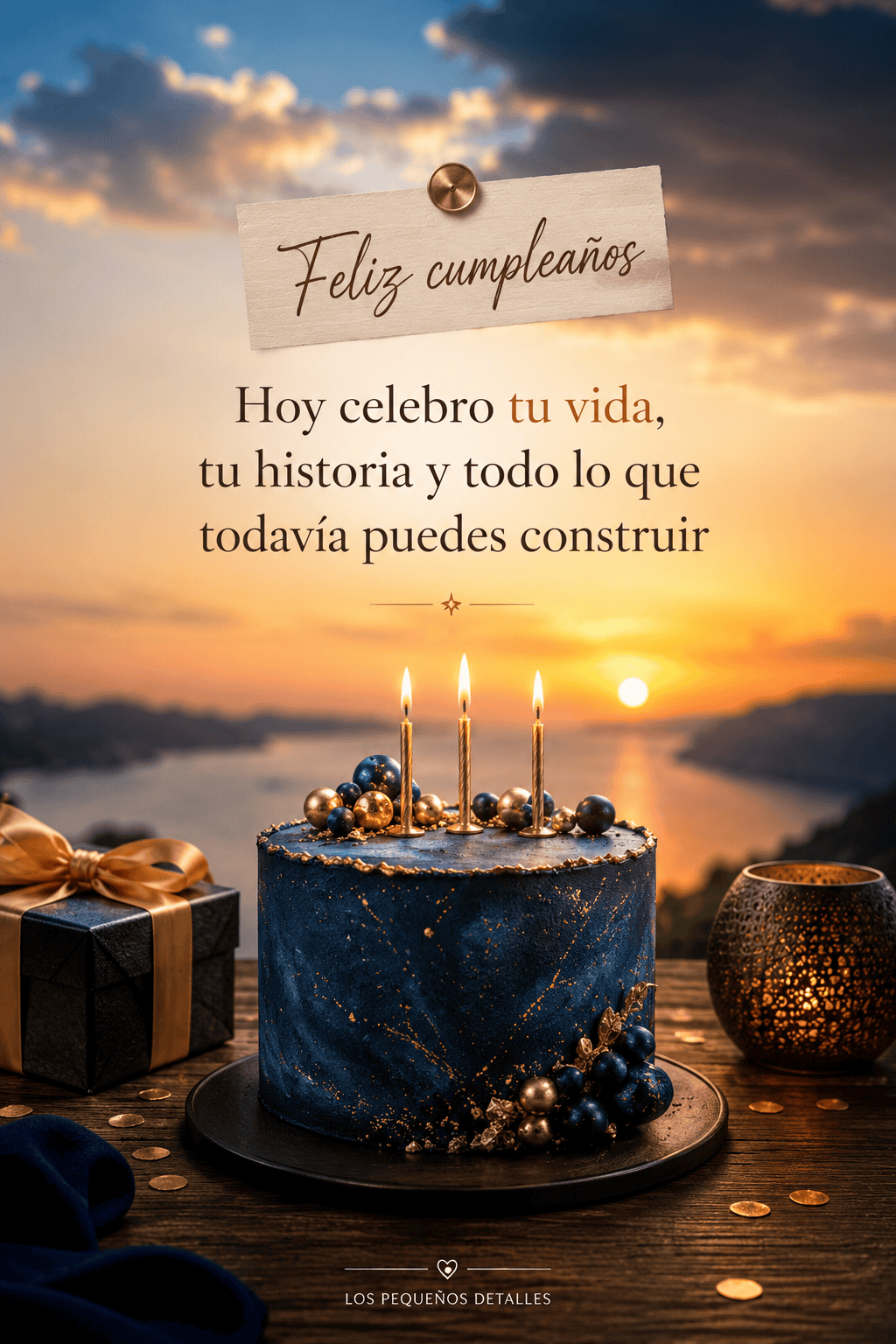 Tarta azul y dorada con tres velas frente a un atardecer, acompañada del mensaje “Hoy celebro tu vida, tu historia y todo lo que todavía puedes construi