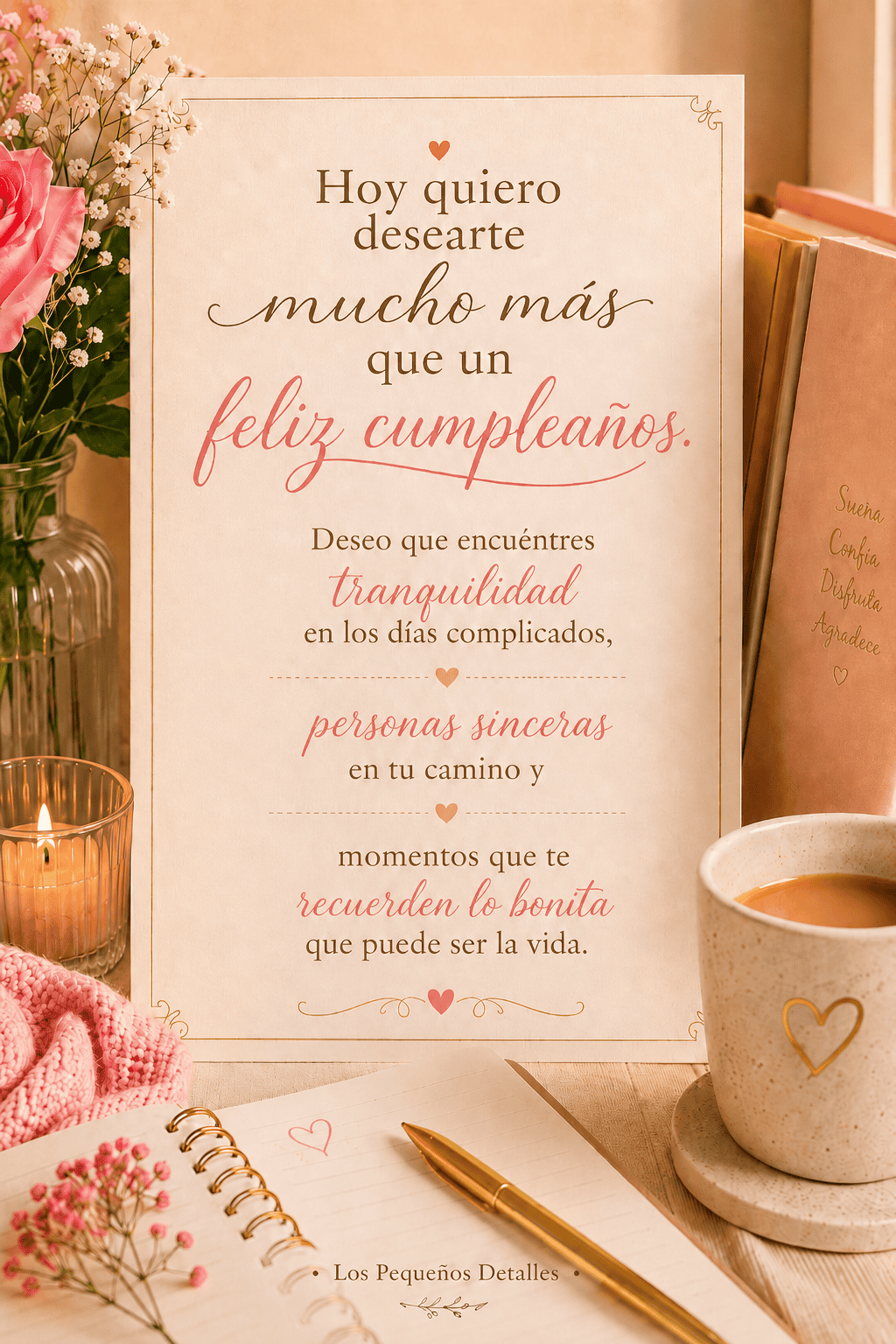 Imagen vertical con una carta decorativa, una rosa rosada, vela, taza, libreta y el mensaje: “Hoy quiero desearte mucho más que un feliz cumpleaños