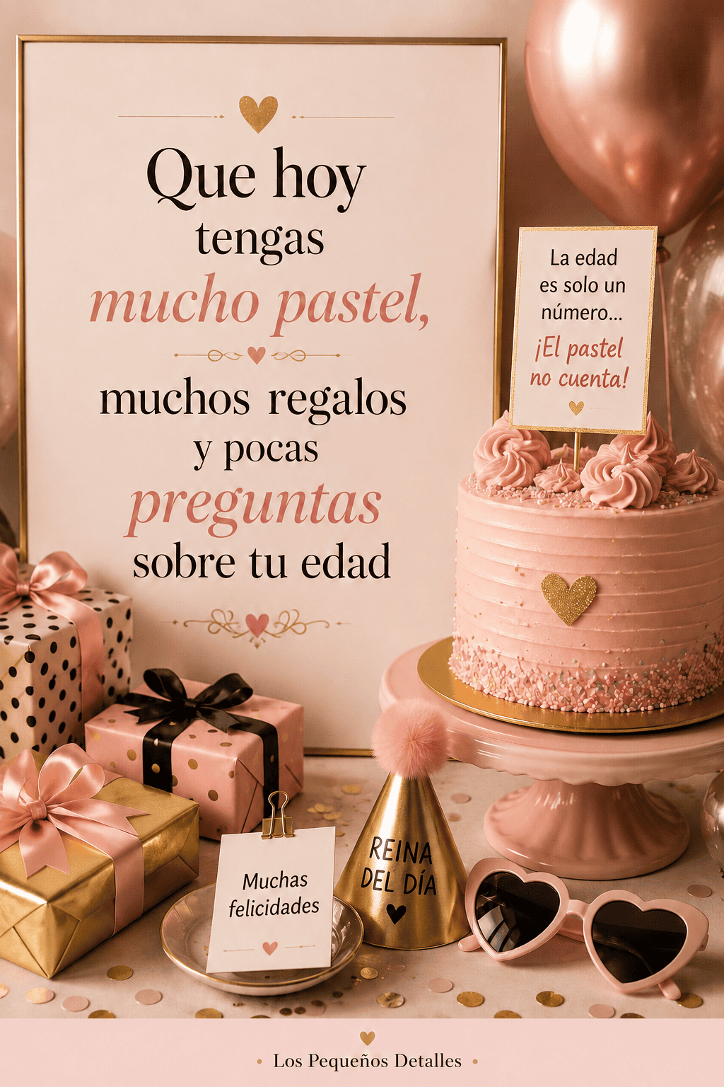 Imagen vertical de cumpleaños con pastel rosa, regalos, globos y accesorios divertidos, junto a la frase: “Que hoy tengas mucho pastel, muchos regalos y pocas preguntas sobre tu edad” y una tarjeta que dice “Muchas felicidades