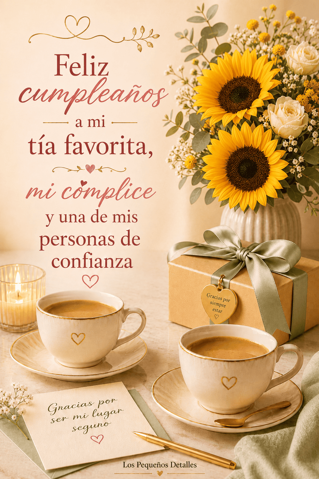 Girasoles y flores blancas junto a dos tazas, un regalo y una tarjeta con el mensaje: “Feliz cumpleaños a mi tía favorita, mi cómplice y una de mis personas de confianza