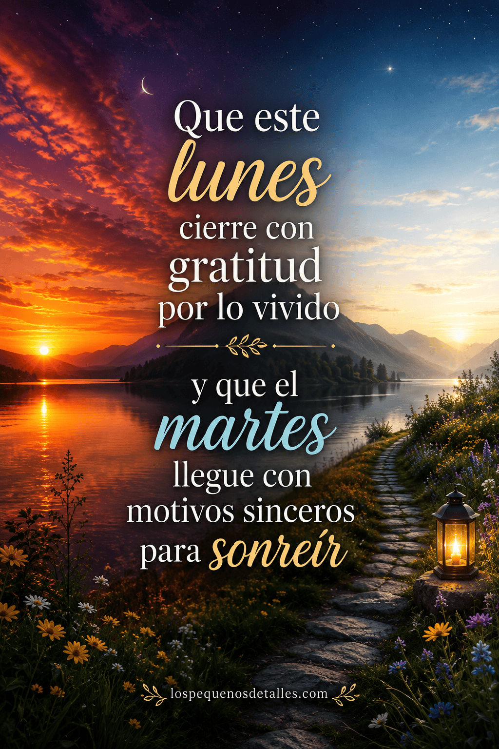 Imagen de un lago entre montañas, con un cielo que pasa del atardecer al amanecer, flores y una lámpara, junto al mensaje: “Que este lunes cierre con gratitud por lo vivido y que el martes llegue con motivos sinceros para sonreír”.
