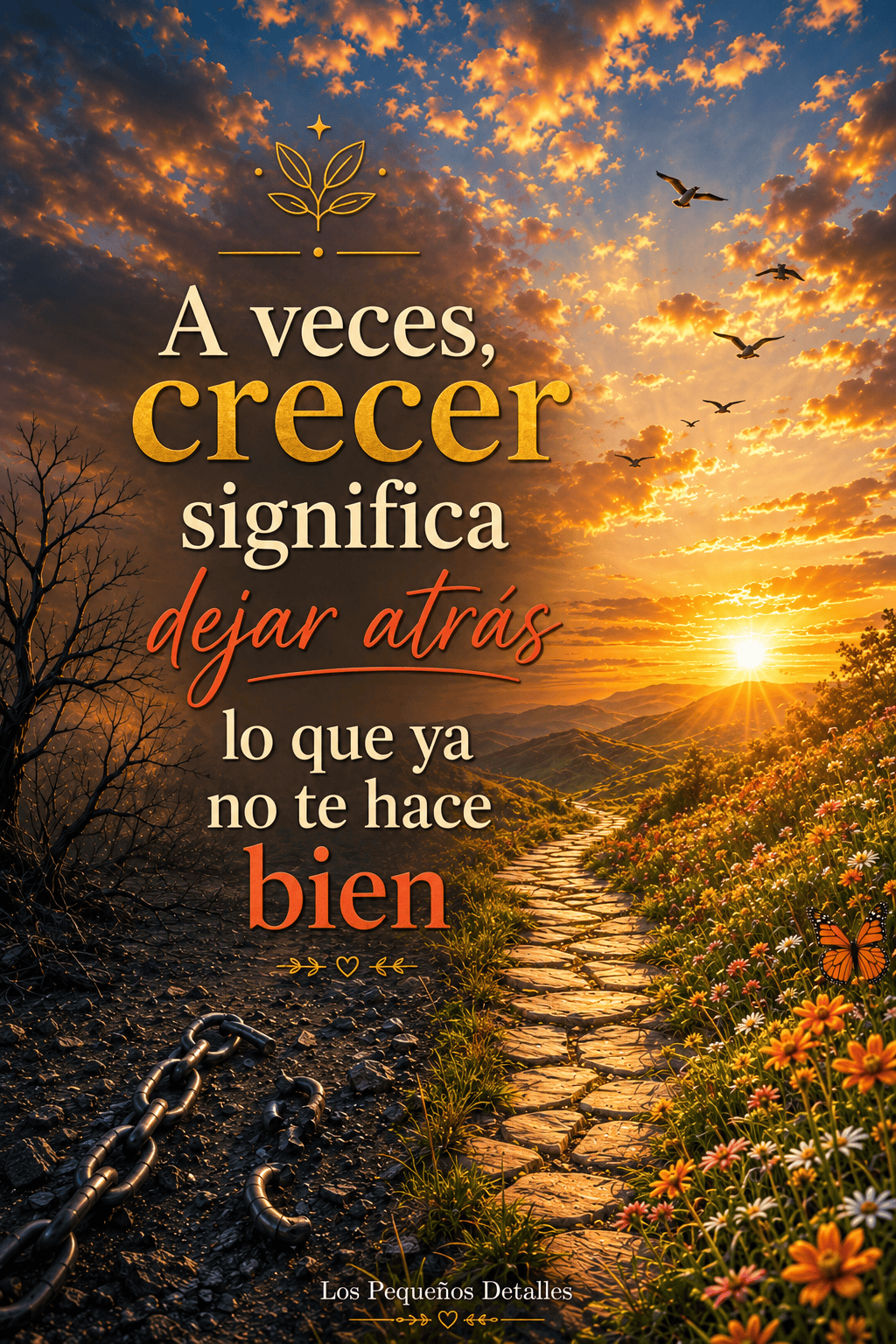 Camino dividido entre un paisaje oscuro con cadenas rotas y otro lleno de flores, mariposas y luz, acompañado de la frase “A veces, crecer significa dejar atrás lo que ya no te hace bien