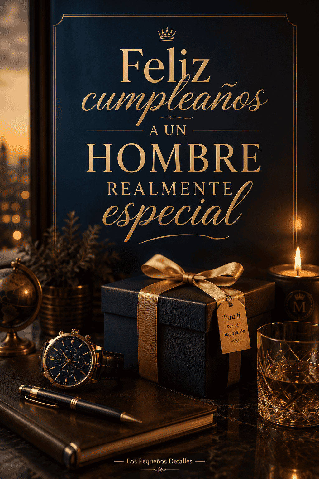 Tarjeta elegante de cumpleaños para un hombre especial con regalo azul, reloj, libreta y detalles dorados, acompañada de la frase “Feliz cumpleaños a un hombre realmente especial