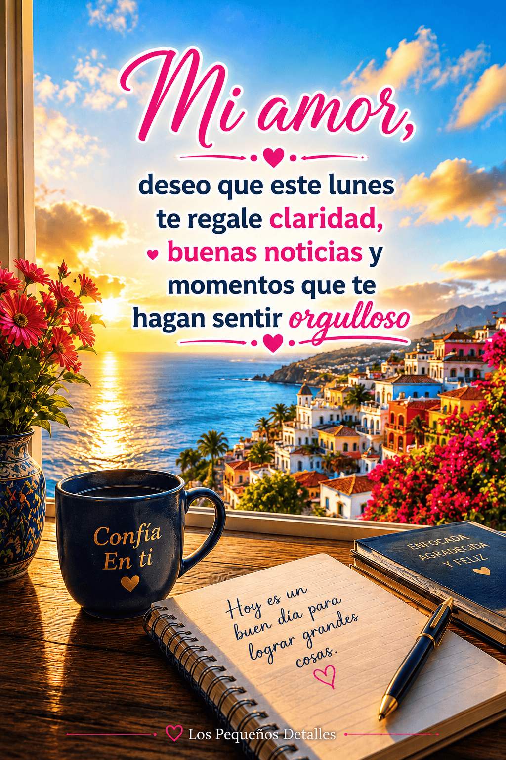 Imagen de un amanecer frente al mar, con casas coloridas, flores, una taza y un cuaderno, junto al mensaje: “Mi amor, deseo que este lunes te regale claridad, buenas noticias y momentos que te hagan sentir orgulloso”.
