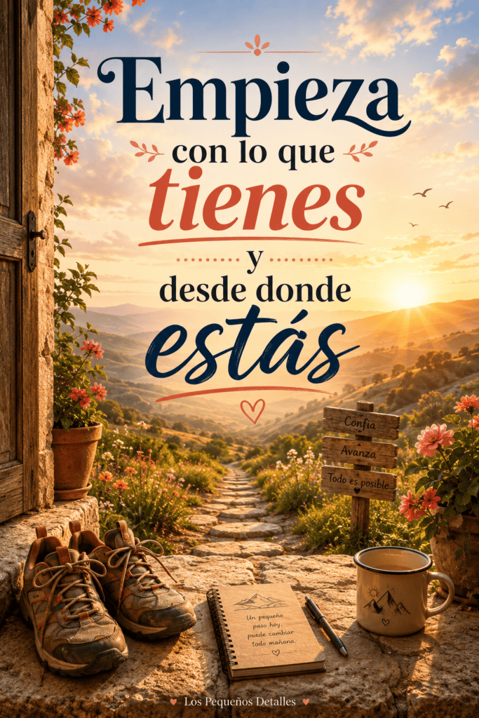 Paisaje de montaña al amanecer con un sendero, zapatos, cuaderno y taza, acompañado de la frase “Empieza con lo que tienes y desde donde estás