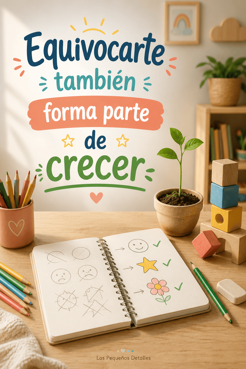 Imagen infantil con la frase “Equivocarte también forma parte de crecer”, acompañada de un cuaderno con intentos corregidos, lápices de colores, bloques y una planta joven