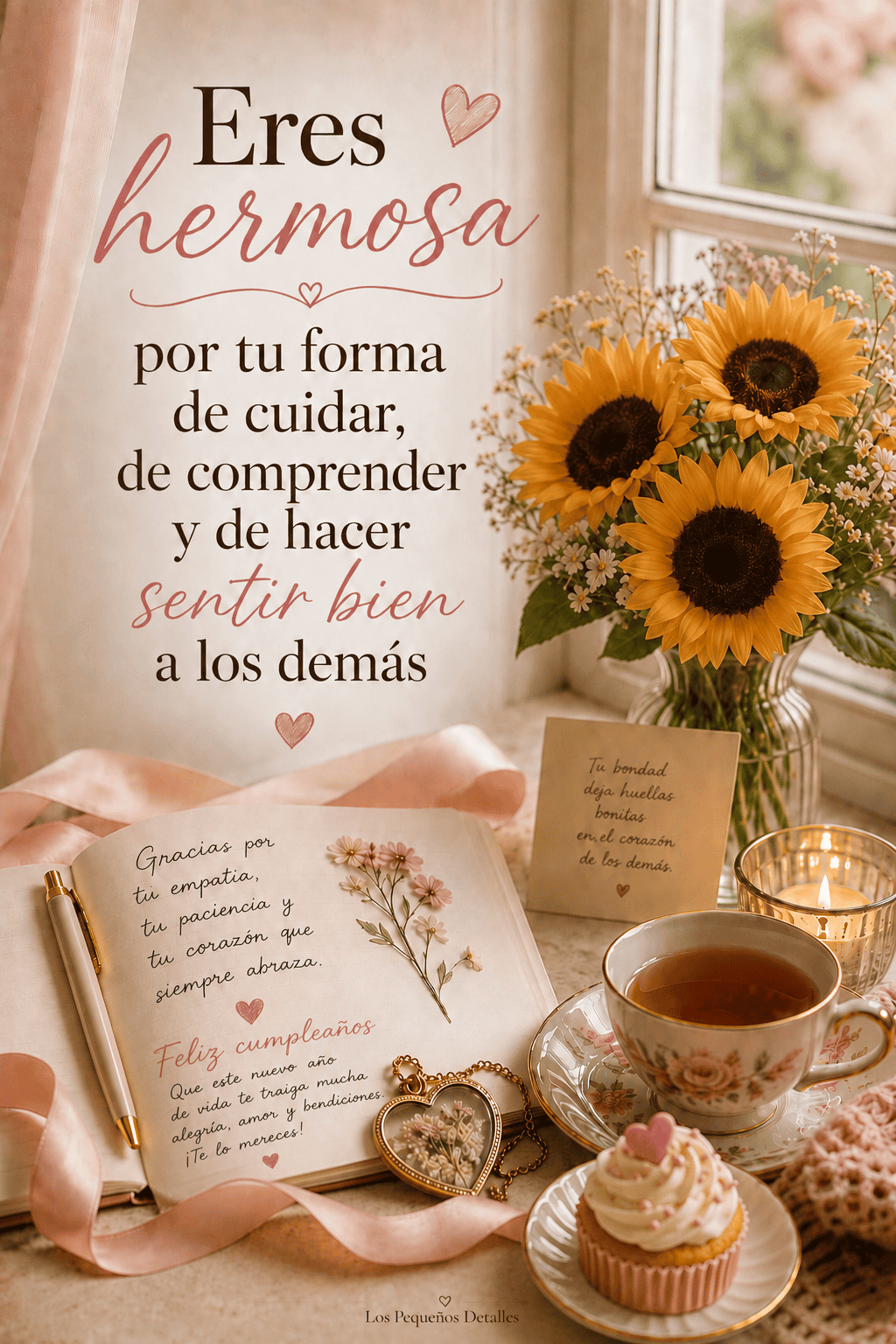 Imagen vertical con girasoles, una taza de té, una vela, un cuaderno abierto con el mensaje “Feliz cumpleaños” y un cupcake decorado, junto a la frase: “Eres hermosa por tu forma de cuidar, de comprender y de hacer sentir bien a los demás