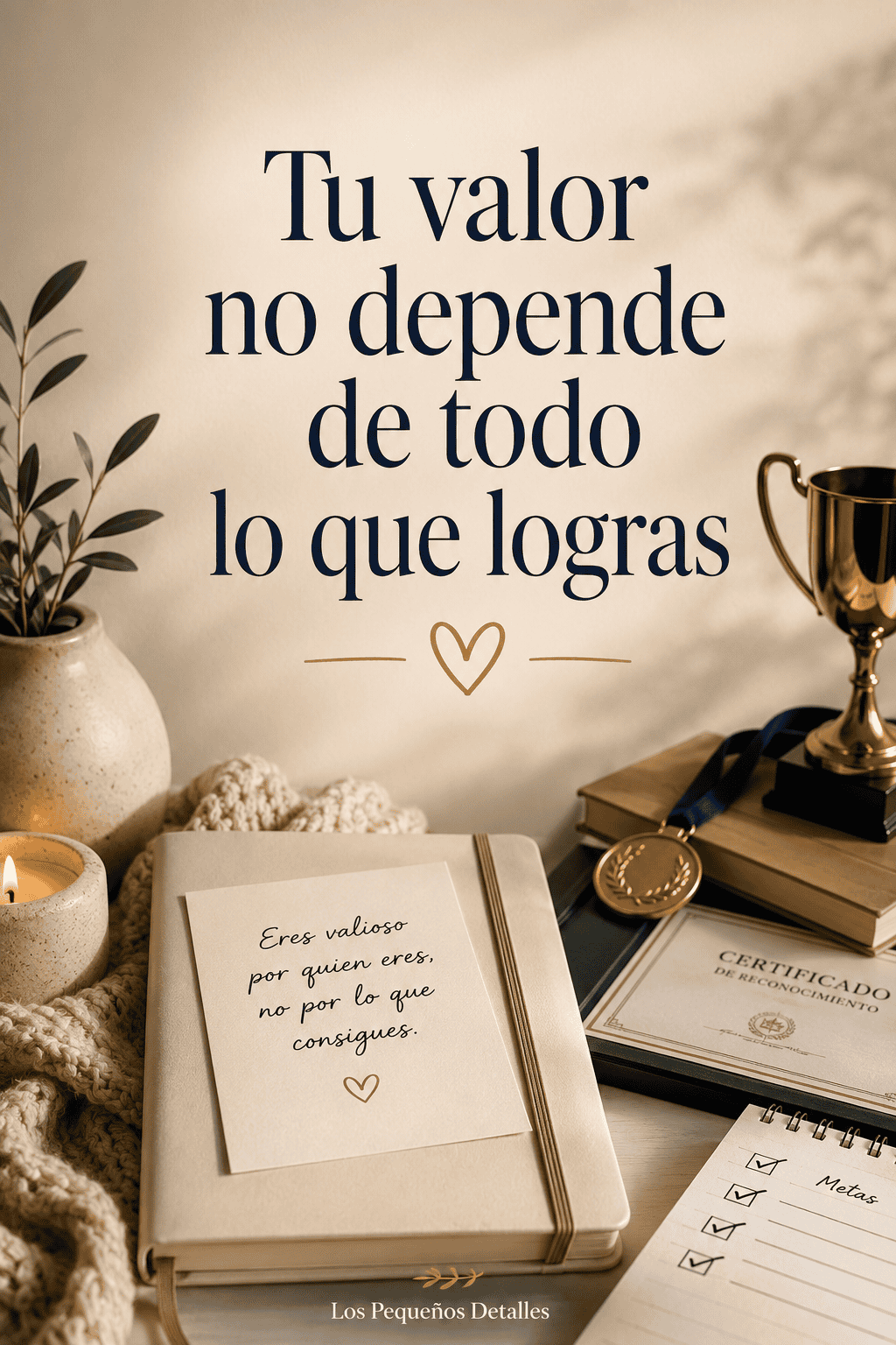 Imagen con la frase “Tu valor no depende de todo lo que logras”, acompañada de una copa, una medalla, metas cumplidas y una nota que recuerda que vales por quien eres