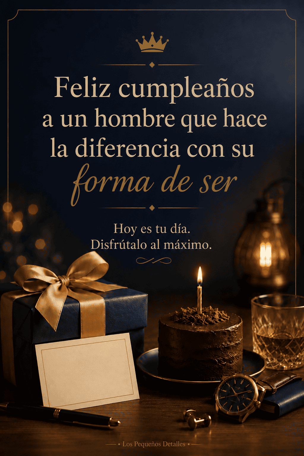 Imagen elegante de cumpleaños para un hombre con regalo azul, tarta de chocolate, reloj y la frase “Feliz cumpleaños a un hombre que hace la diferencia con su forma de ser