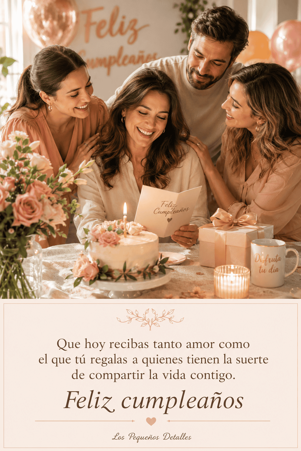 Escena de cumpleaños en tonos suaves con una mujer rodeada de sus seres queridos, flores, pastel y regalos, acompañada de una frase de amor y buenos deseos.