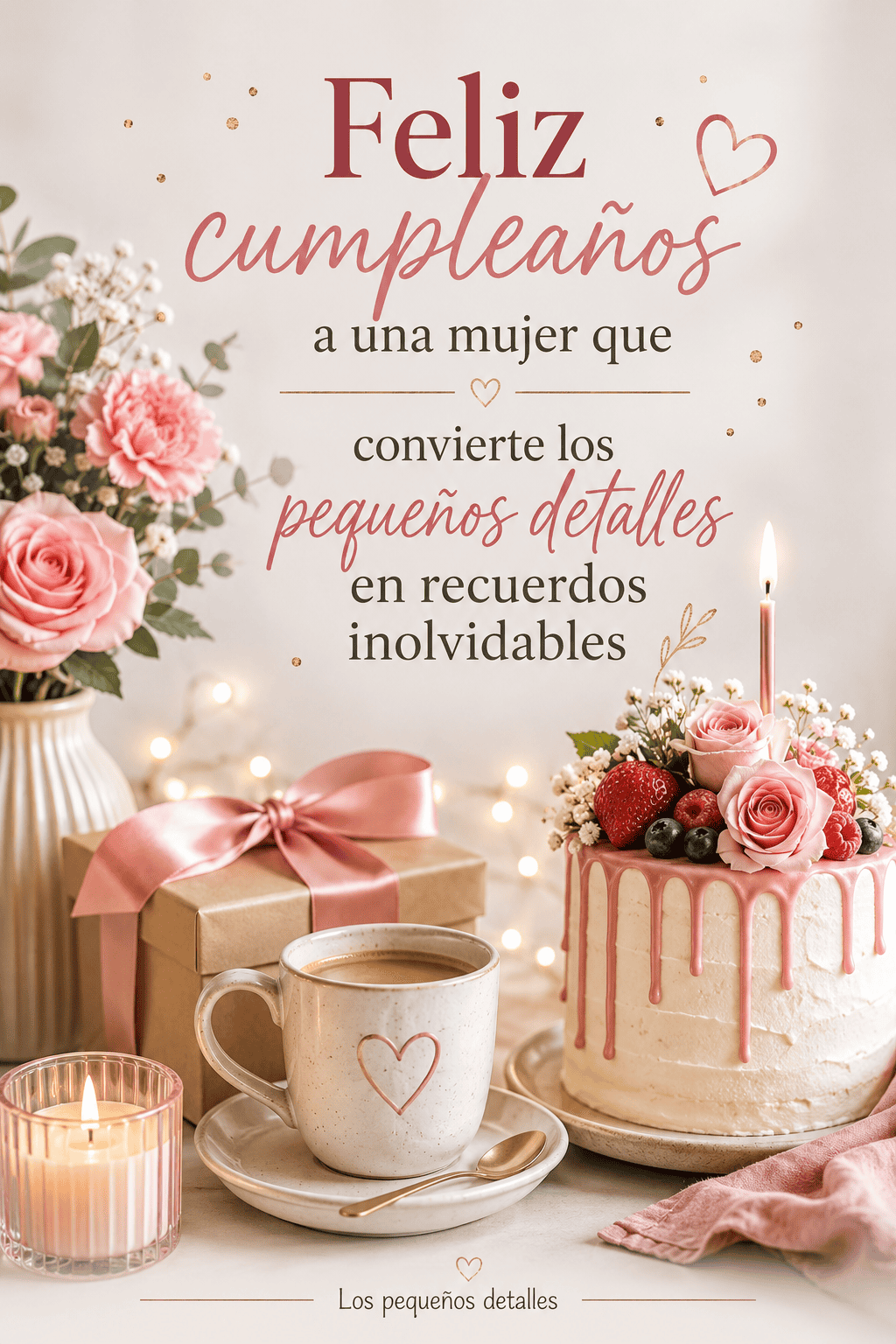 Imagen vertical de cumpleaños con flores rosas, regalo, taza, vela y pastel, junto a la frase “Feliz cumpleaños a una mujer que convierte los pequeños detalles en recuerdos inolvidables
