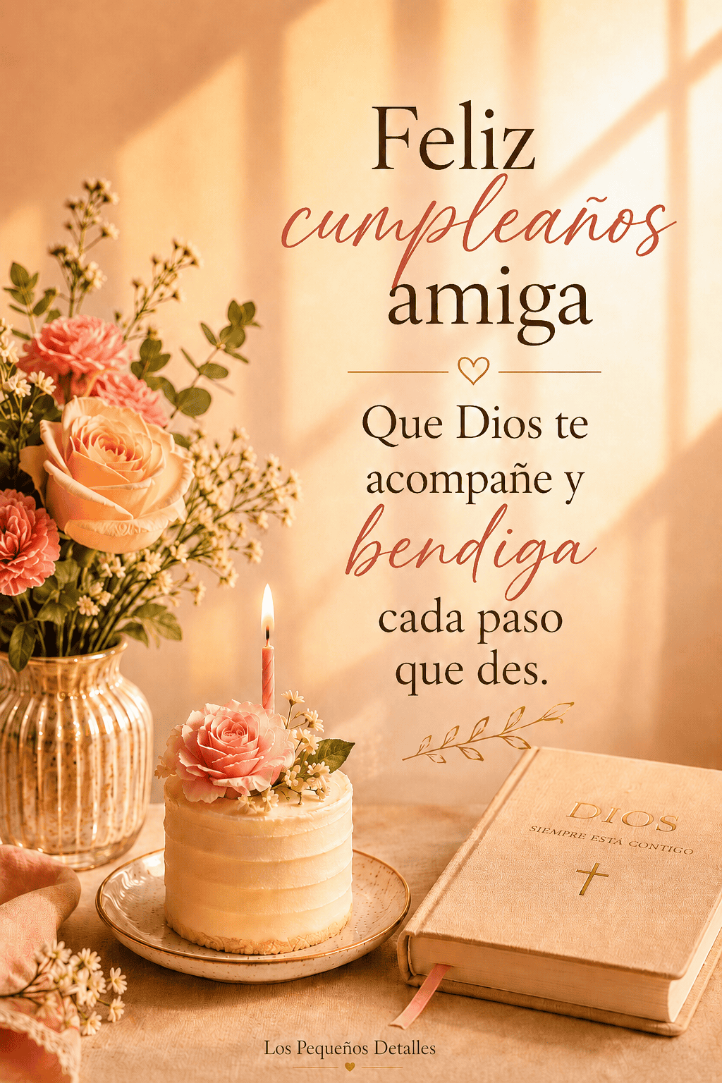 Imagen vertical de cumpleaños con pastel decorado, una vela encendida, flores en tonos coral y un libro religioso, junto a la frase: “Feliz cumpleaños, amiga. Que Dios te acompañe y bendiga cada paso que des
