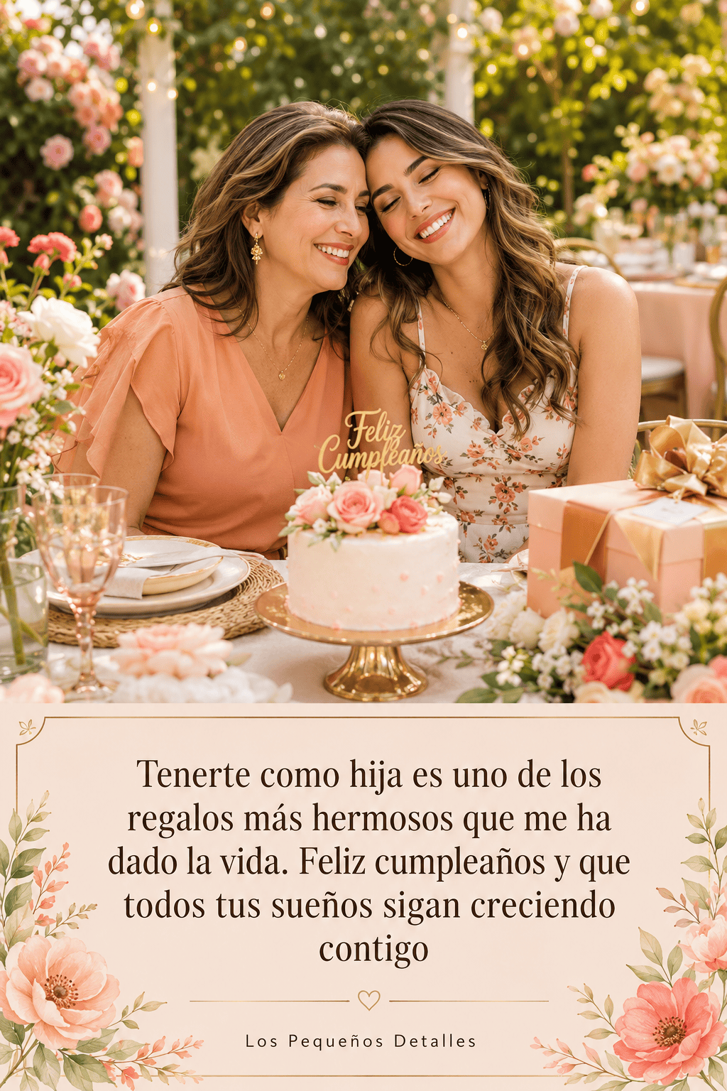 Madre e hija adultas celebrando juntas en una mesa decorada con flores, pastel y regalos, acompañadas de una frase de cumpleaños llena de amor