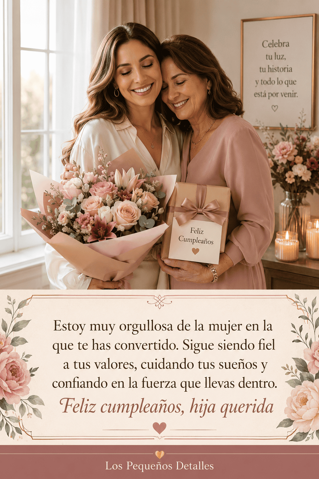 Madre e hija adultas abrazadas junto a un ramo de flores y un regalo de cumpleaños, con una dedicatoria llena de orgullo, amor y buenos deseos