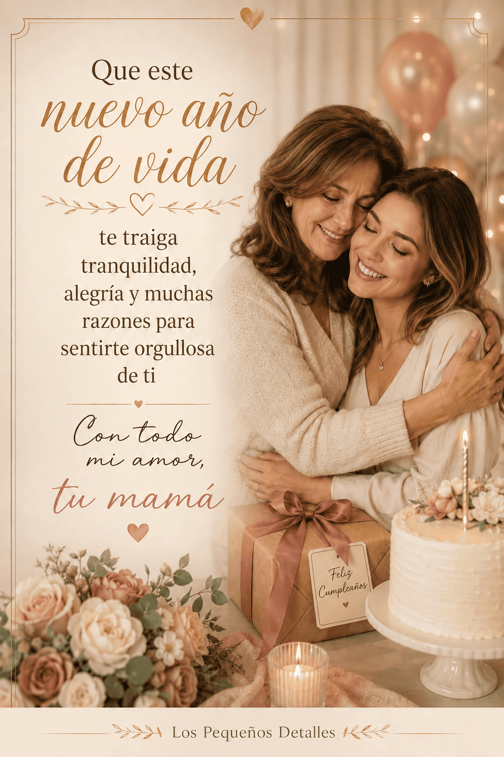 Madre e hija adultas abrazadas junto a un pastel, flores y un regalo de cumpleaños, con un mensaje de amor, tranquilidad y orgullo firmado por mamá