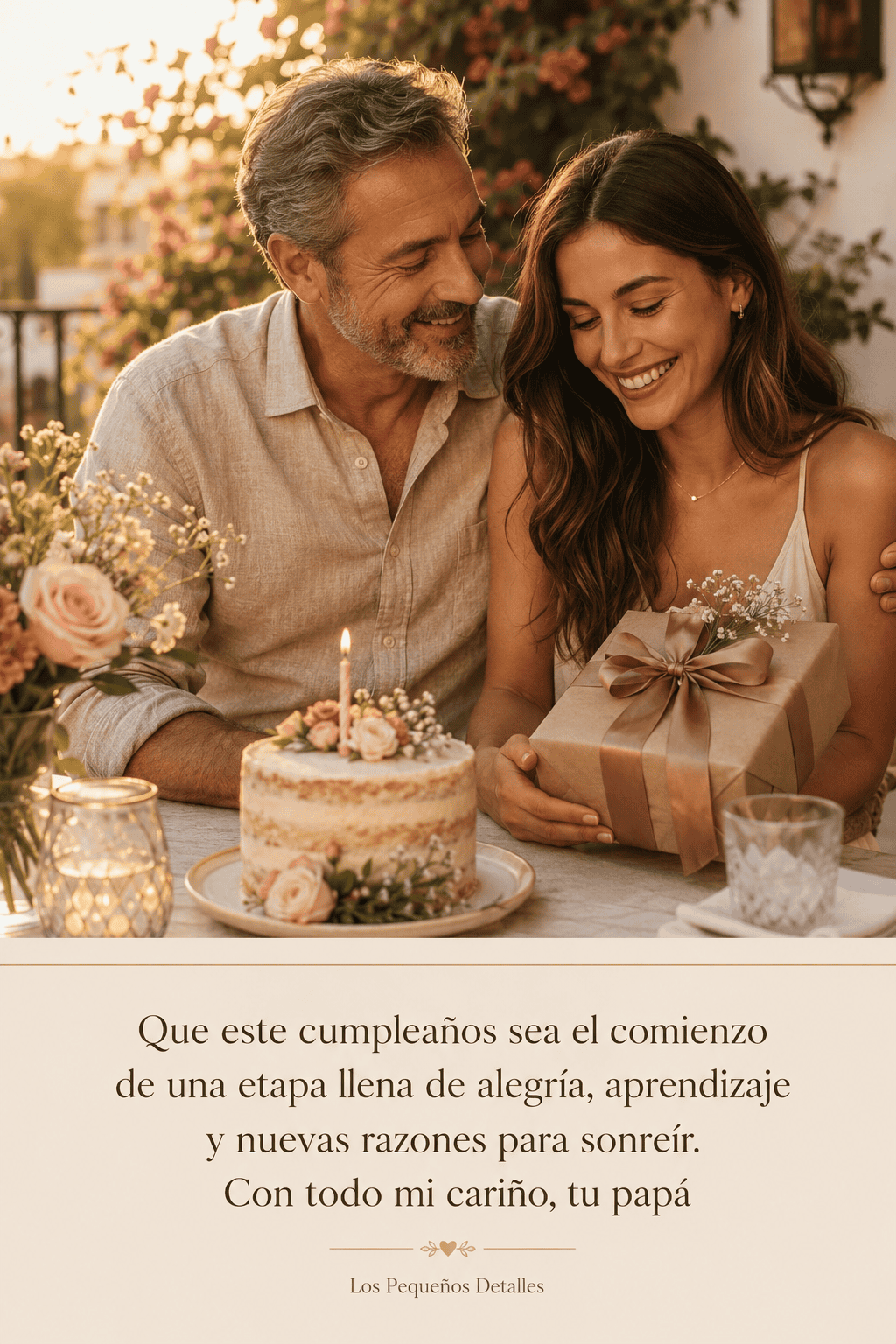 Padre e hija adultas compartiendo un momento de cumpleaños al aire libre, junto a un pastel, flores y un regalo, con un mensaje lleno de cariño y buenos deseos