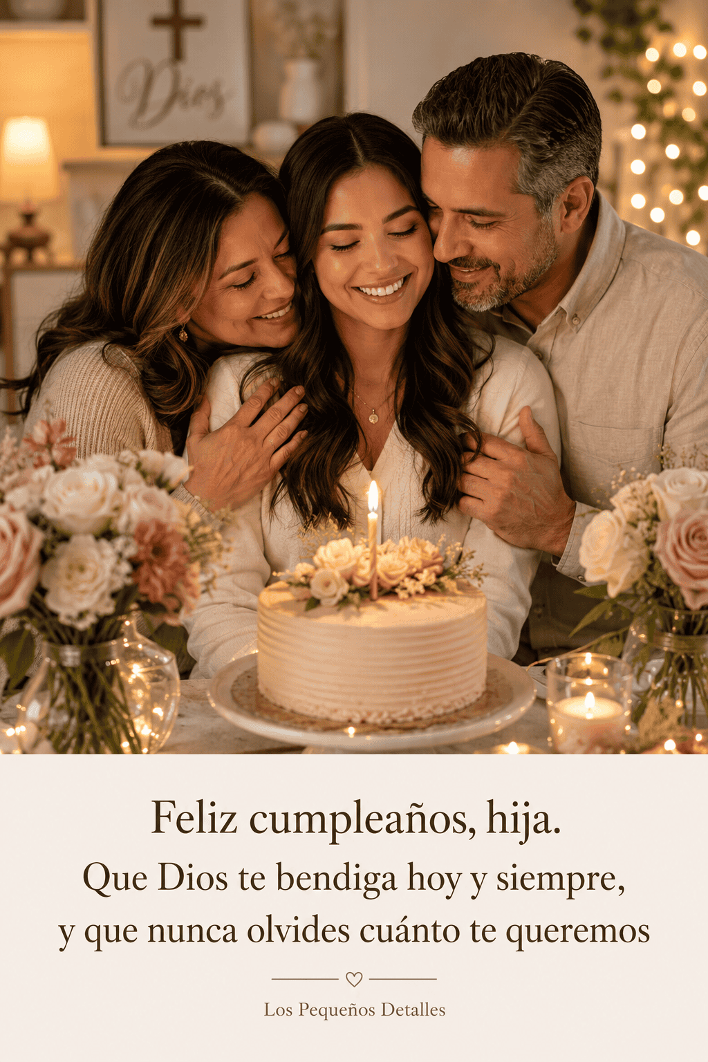 Padres abrazando a su hija adulta durante su cumpleaños, junto a un pastel y flores, con un mensaje de amor familiar y bendiciones de Dios