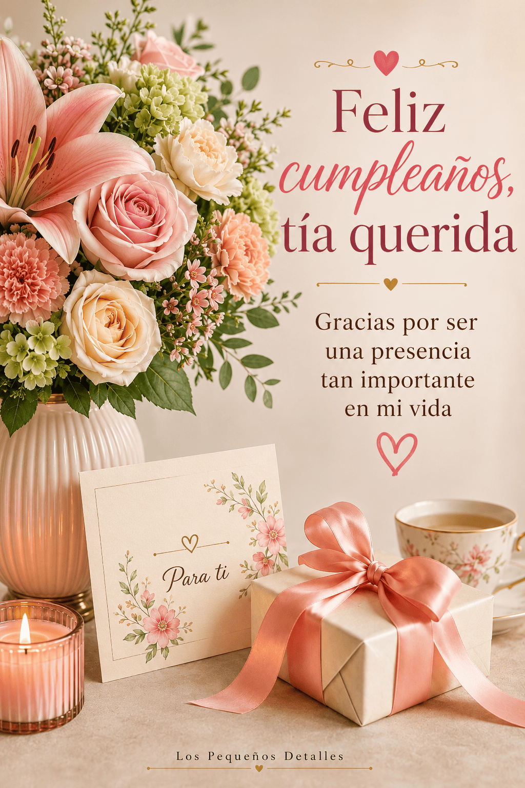 Ramo de flores naturales, regalo y tarjeta con el mensaje: “Feliz cumpleaños, tía querida. Gracias por ser una presencia tan importante en mi vida