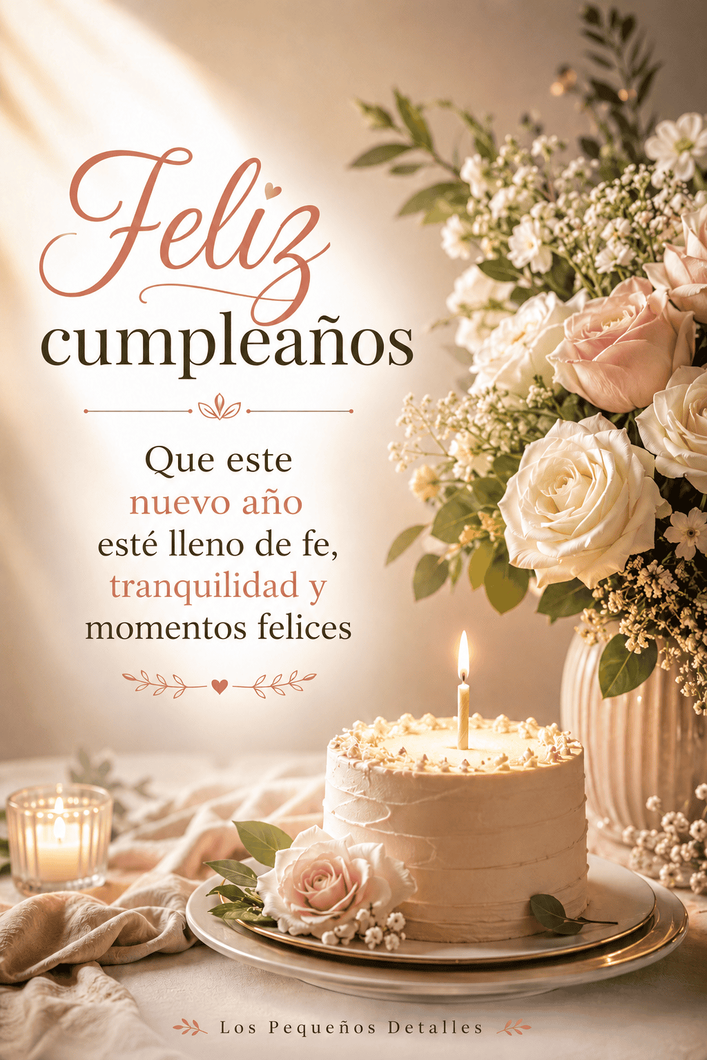 Imagen vertical de cumpleaños con un pastel blanco y una vela encendida, rodeado de rosas claras y flores blancas, junto al mensaje: “Feliz cumpleaños. Que este nuevo año esté lleno de fe, tranquilidad y momentos felices”