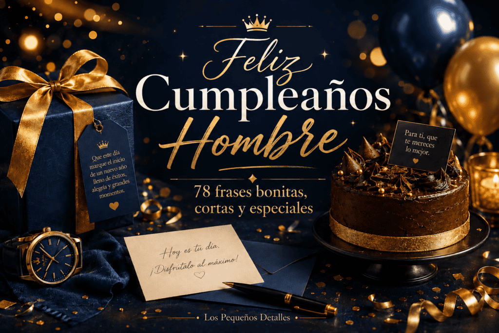 Imagen destacada de "Feliz Cumpleaños Hombre: 78 frases bonitas, cortas y especiales", con un pastel de chocolate con la nota "Para ti, que te mereces lo mejor", un regalo azul marino con lazo dorado y una etiqueta que dice "Que este día marque el inicio de un nuevo año lleno de éxitos, alegría y grandes momentos", un reloj dorado, un sobre con una tarjeta escrita a mano "Hoy es tu día. ¡Disfrútalo al máximo!", velas encendidas y globos azules y dorados.