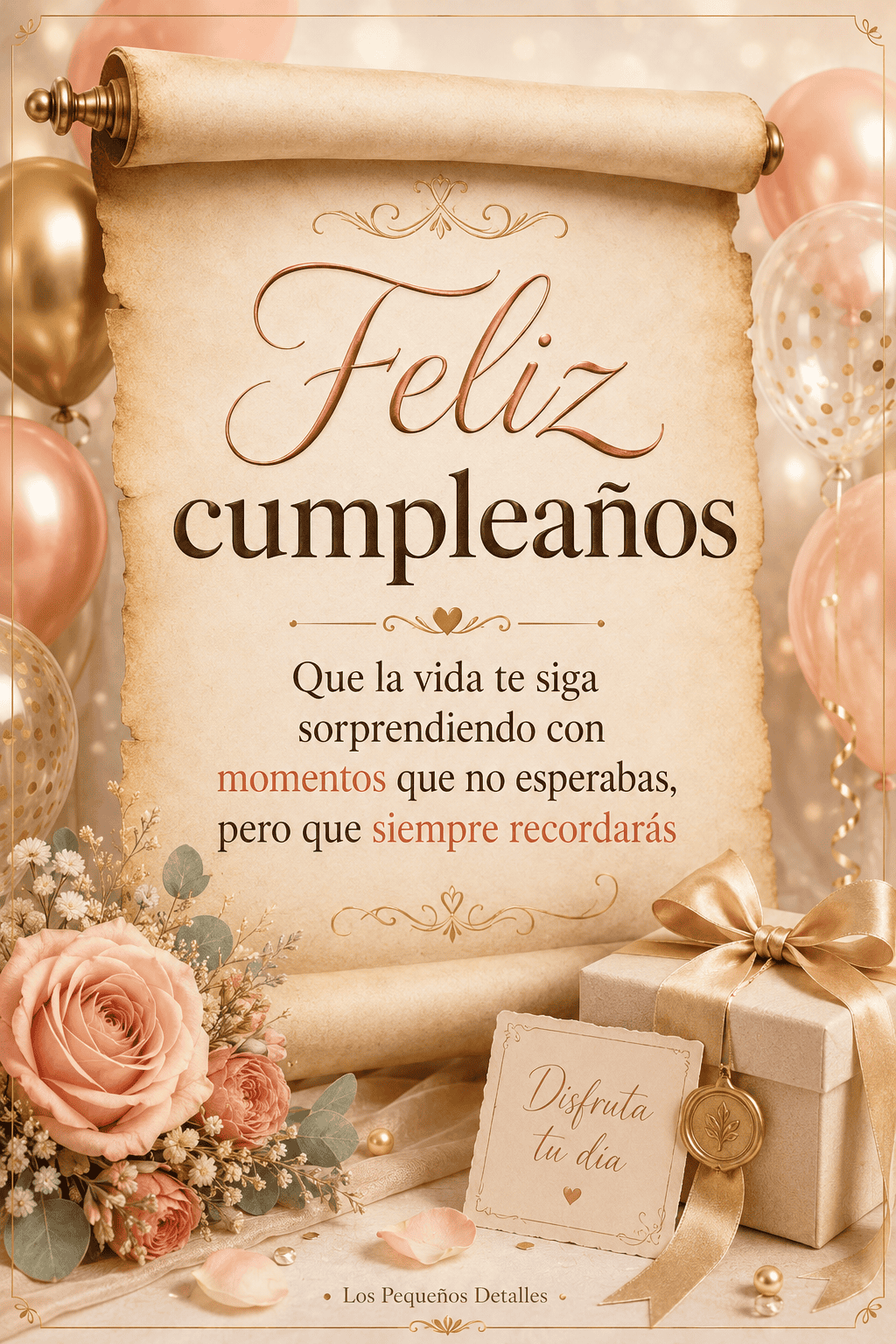 Pergamino de cumpleaños decorado con globos, flores y un regalo en tonos dorados y melocotón, con el mensaje: “Feliz cumpleaños. Que la vida te siga sorprendiendo con momentos que no esperabas, pero que siempre recordarás