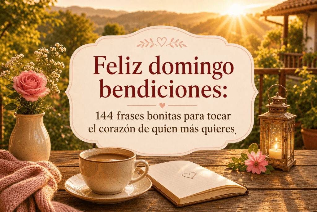 Imagen de feliz domingo bendiciones con taza de café, cuaderno abierto, flores, vela y luz de amanecer, para 144 frases bonitas llenas de fe y cariño.