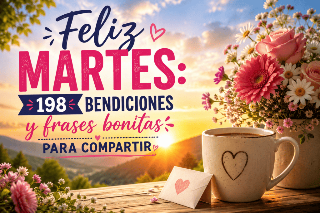 Imagen de feliz martes con 198 bendiciones y frases bonitas para compartir, acompañada de flores, una taza de café y un amanecer cálido.