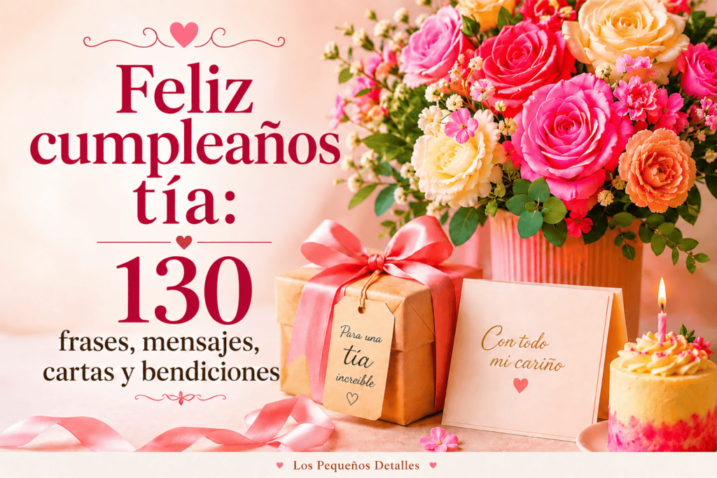 Imagen destacada de "Feliz cumpleaños tía: 130 frases, mensajes, cartas y bendiciones", con un ramo de rosas rosadas, blancas y naranjas, un regalo envuelto en dorado con lazo rosa y una etiqueta que dice "Para una tía increíble", una tarjeta con el mensaje "Con todo mi cariño" y un pequeño pastel con una vela encendida.