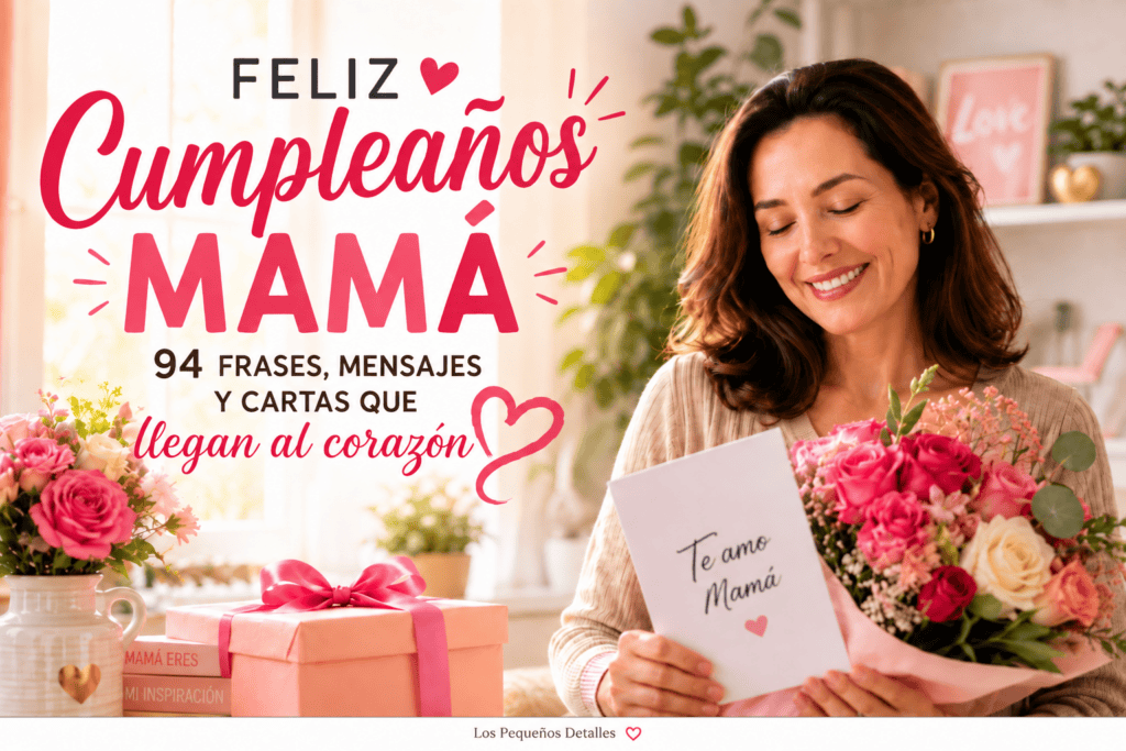 Imagen destacada de "Feliz cumpleaños mamá: 94 frases, mensajes y cartas que llegan al corazón", con una mujer sonriente leyendo una tarjeta que dice "Te amo Mamá" mientras sostiene un ramo de rosas rosadas, junto a un jarrón con flores, un regalo envuelto en rosa y libros con la frase "Mamá eres mi inspiración".